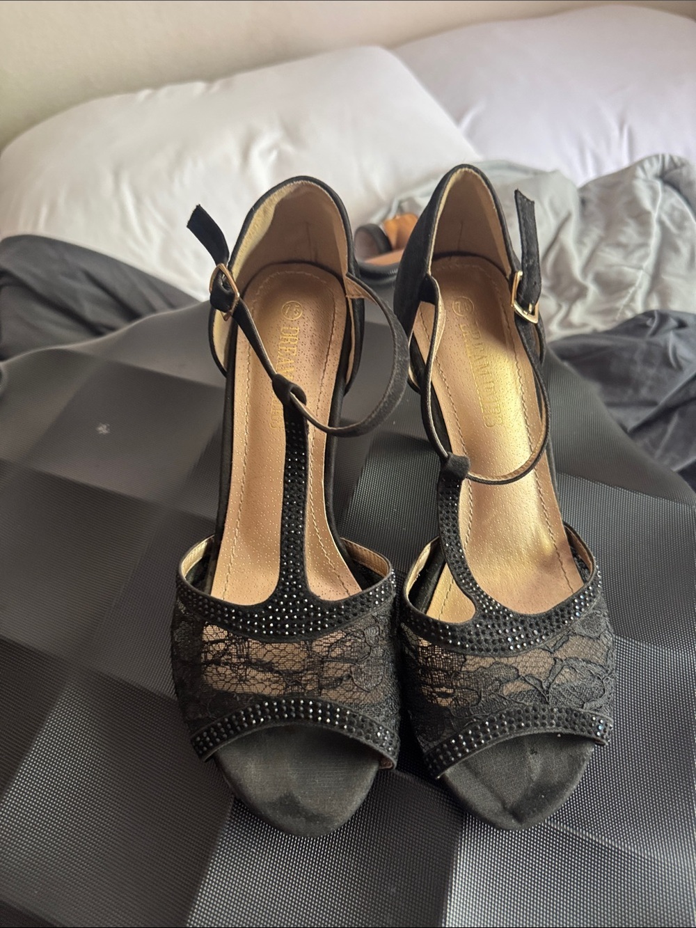 Dream Pairs Black Lace Rhinestone T-Strap Heels – Size 7.5 - Picture 6 of 10